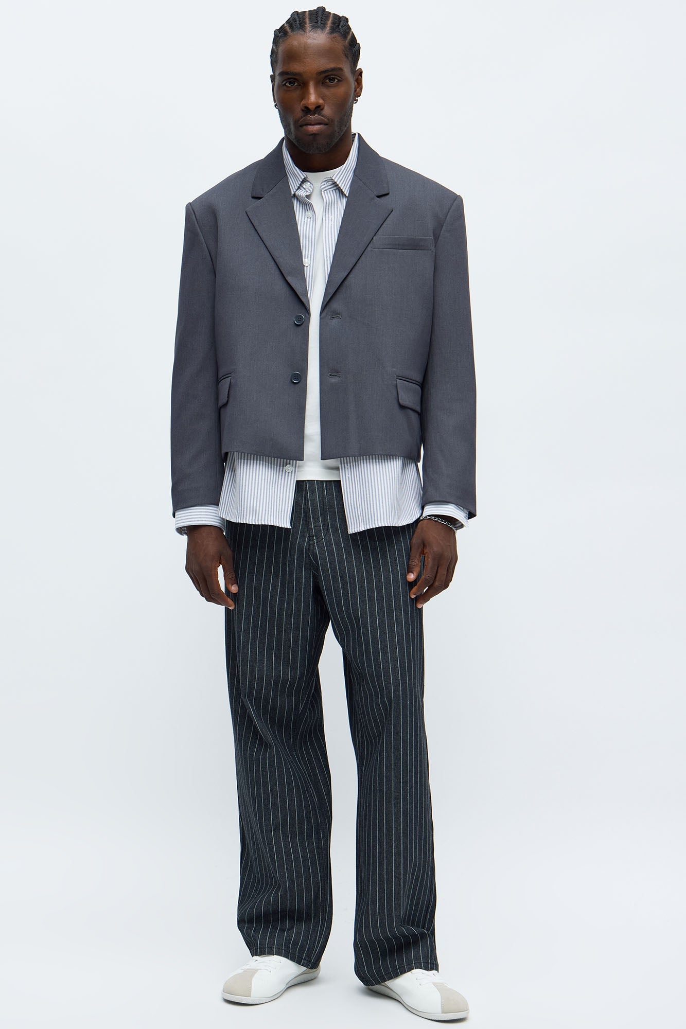 Gabardine Boxy Cropped Single Breasted Blazer - Charcoal