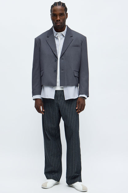 Gabardine Boxy Cropped Single Breasted Blazer - Charcoal