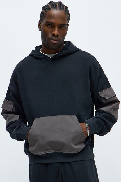 Oversized Twill Cargo Hoodie - Black/combo