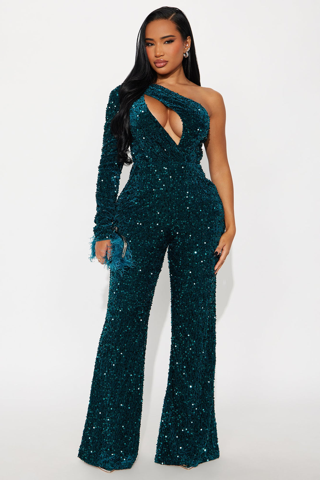 Cece Sequin One Shoulder Jumpsuit - Emerald