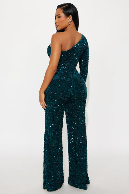 Cece Sequin One Shoulder Jumpsuit - Emerald
