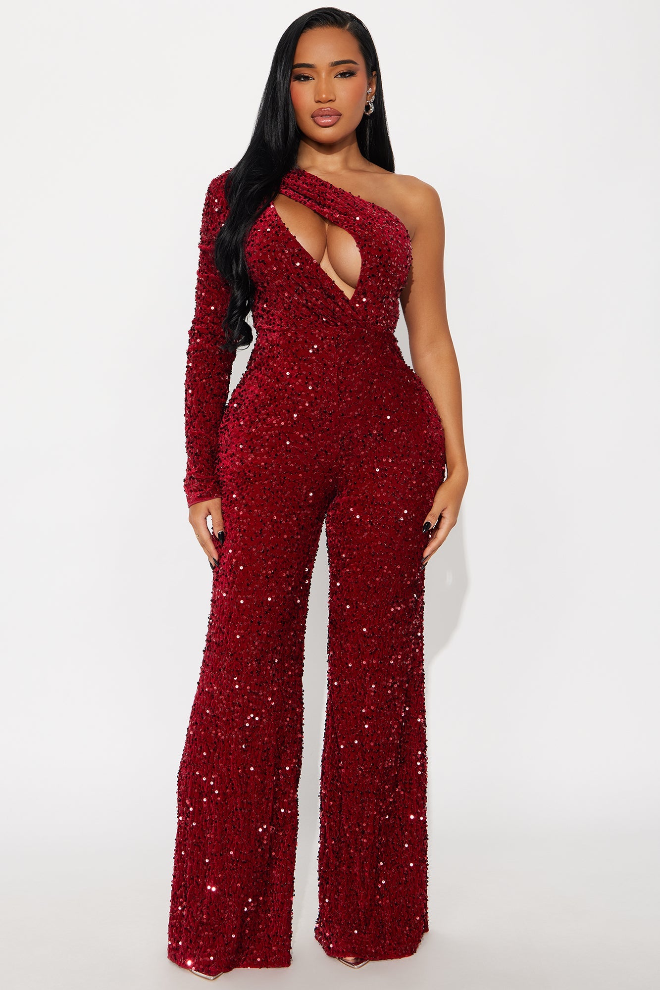 Cece Sequin One Shoulder Jumpsuit - Burgundy