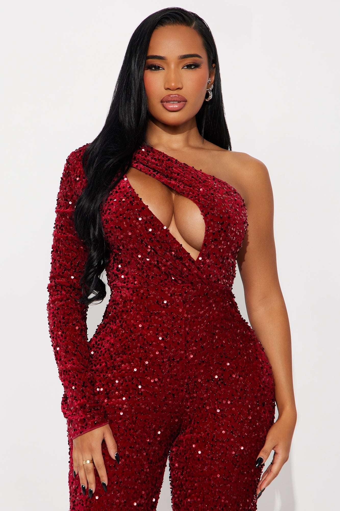 Cece Sequin One Shoulder Jumpsuit - Burgundy