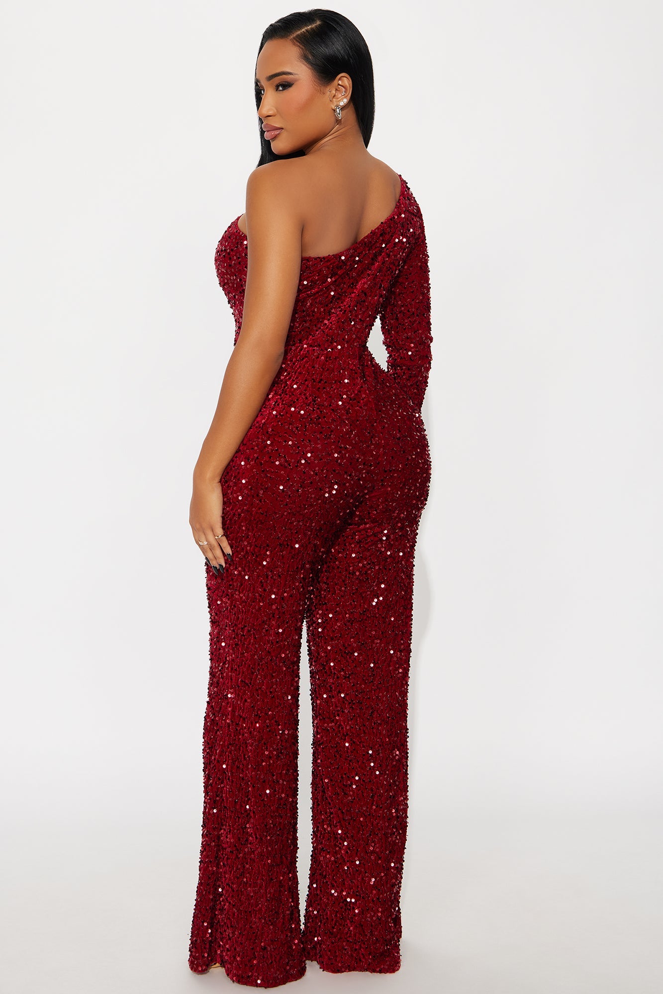 Cece Sequin One Shoulder Jumpsuit - Burgundy