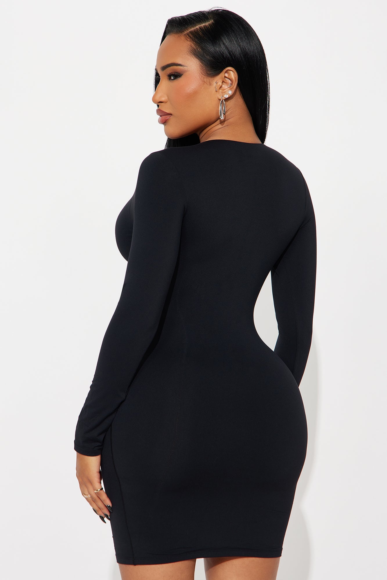 Second Skin Double Lined Zip Front Long Sleeve Mini Dress - Black