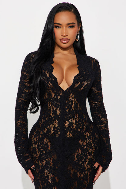 Lace Is More Long Sleeve Lace Midi Dress - Black