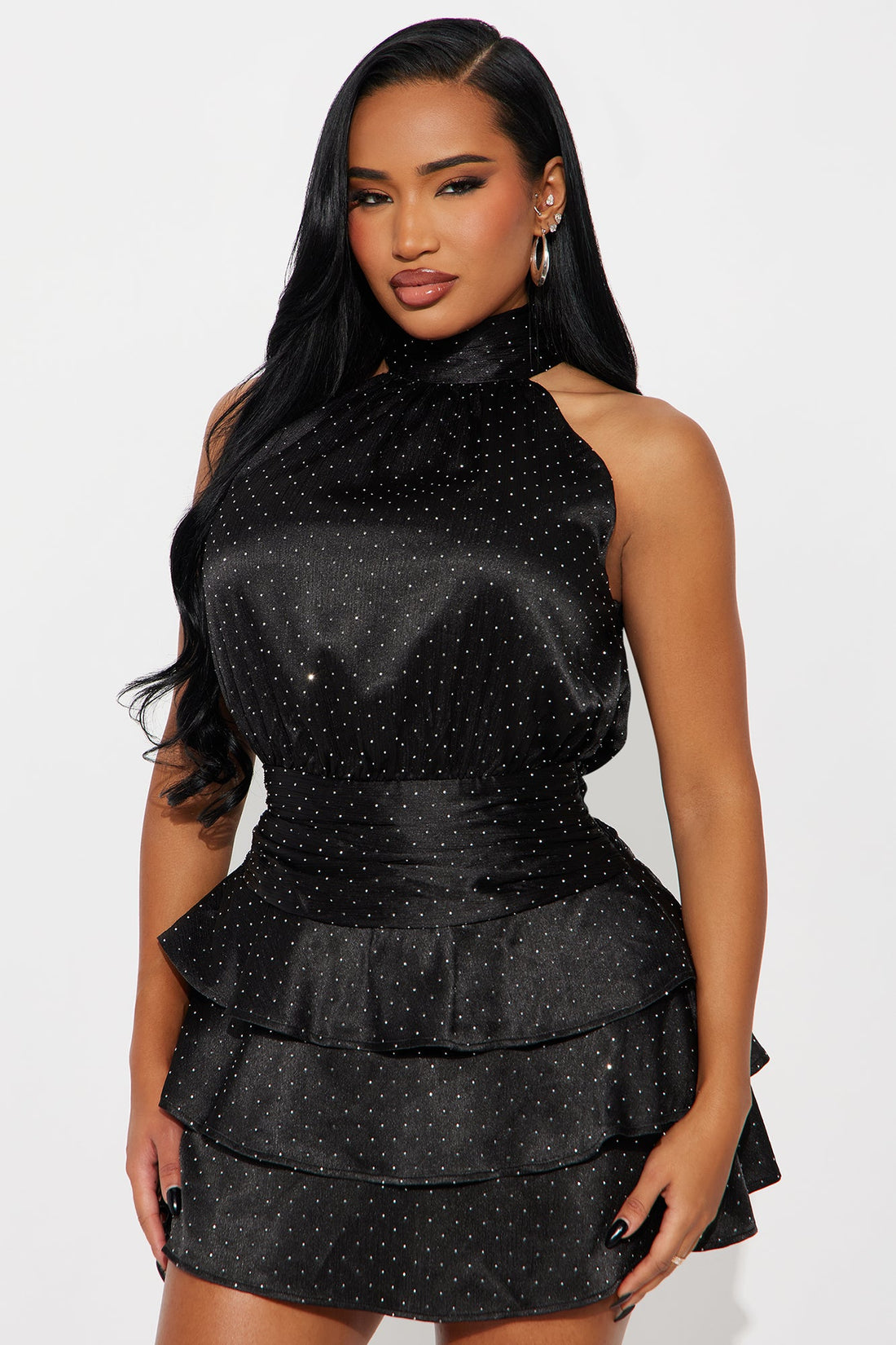Roxy Rhinestone Embellished Chiffon Mini Dress - Black