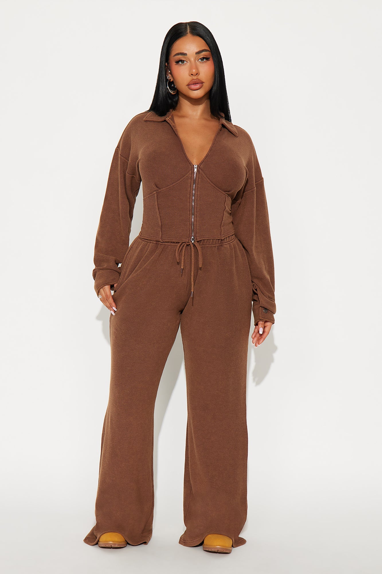 Kaia Waffle Lounge Pant Set - Chocolate
