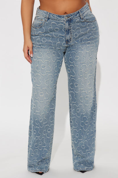 Tall Flower Power Jacquard Wide Leg Jeans - Medium Wash