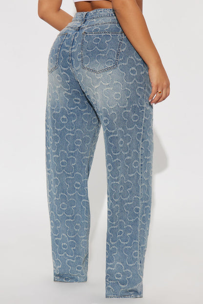 Tall Flower Power Jacquard Wide Leg Jeans - Medium Wash