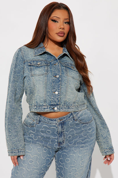 Flower Power Jacquard Denim Jacket - Medium Wash