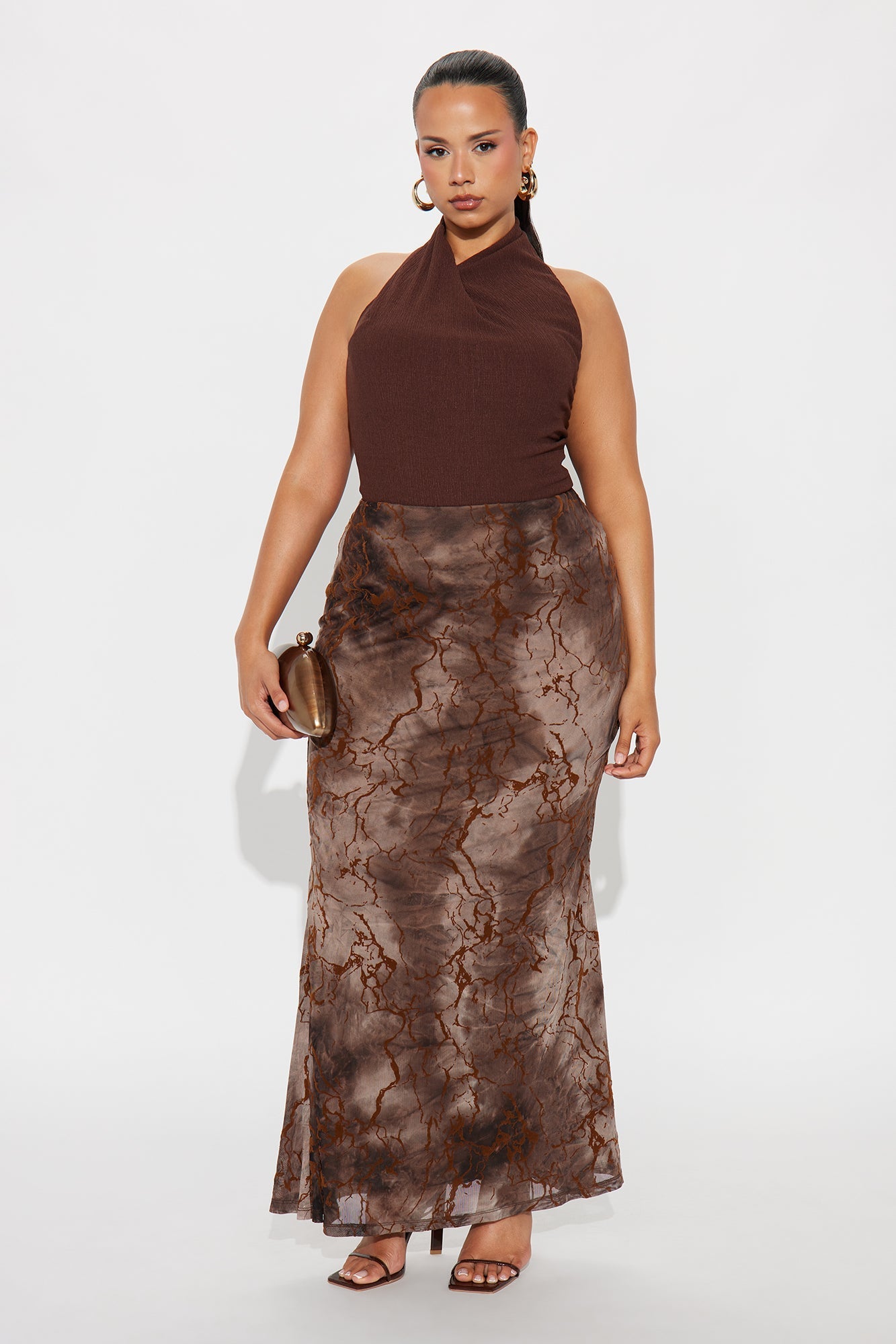 Caught In Storm Flocked Mesh Maxi Skirt - Brown/combo