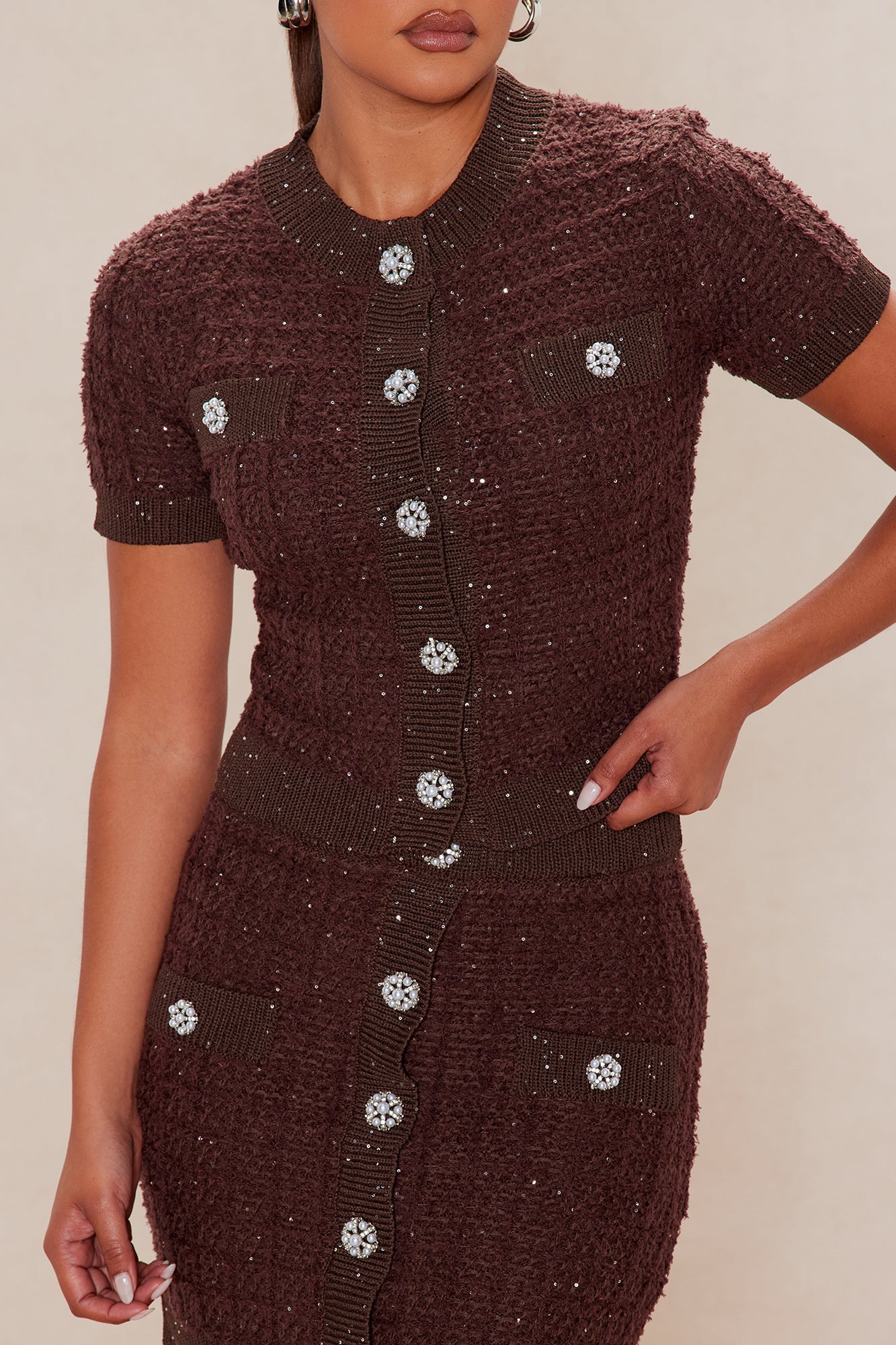 As If Embellished Tweed Skirt Set - Chocolate