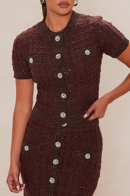 As If Embellished Tweed Skirt Set - Chocolate