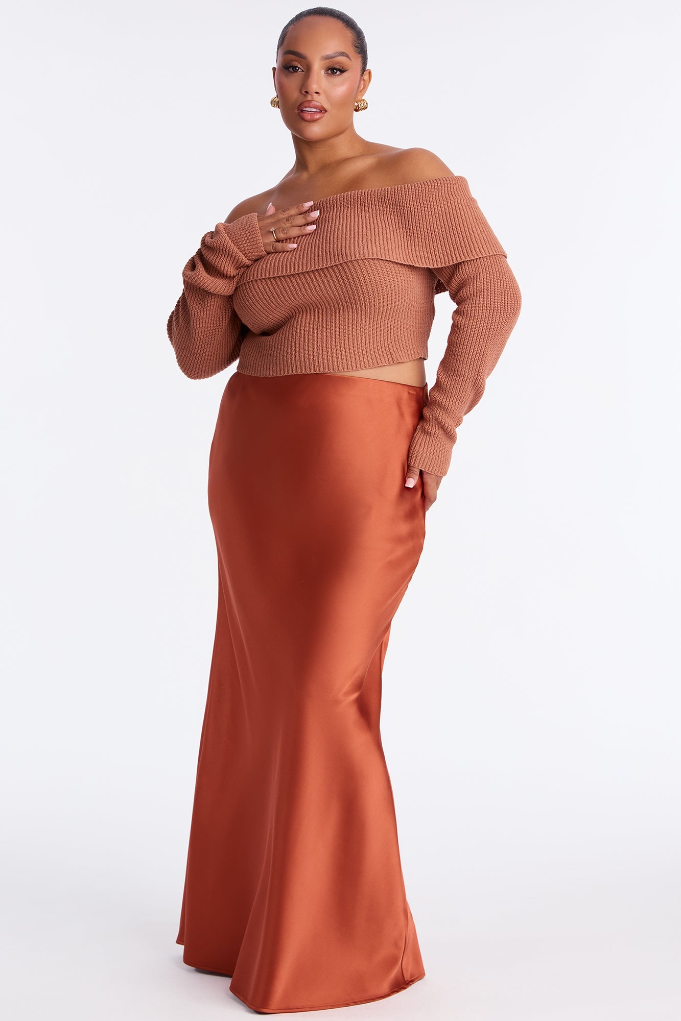 City Chic Off Shoulder Sweater - Mocha