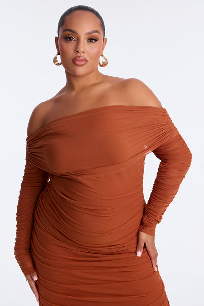 Hallie Ruched Mesh Bandage Midi Dress - Camel