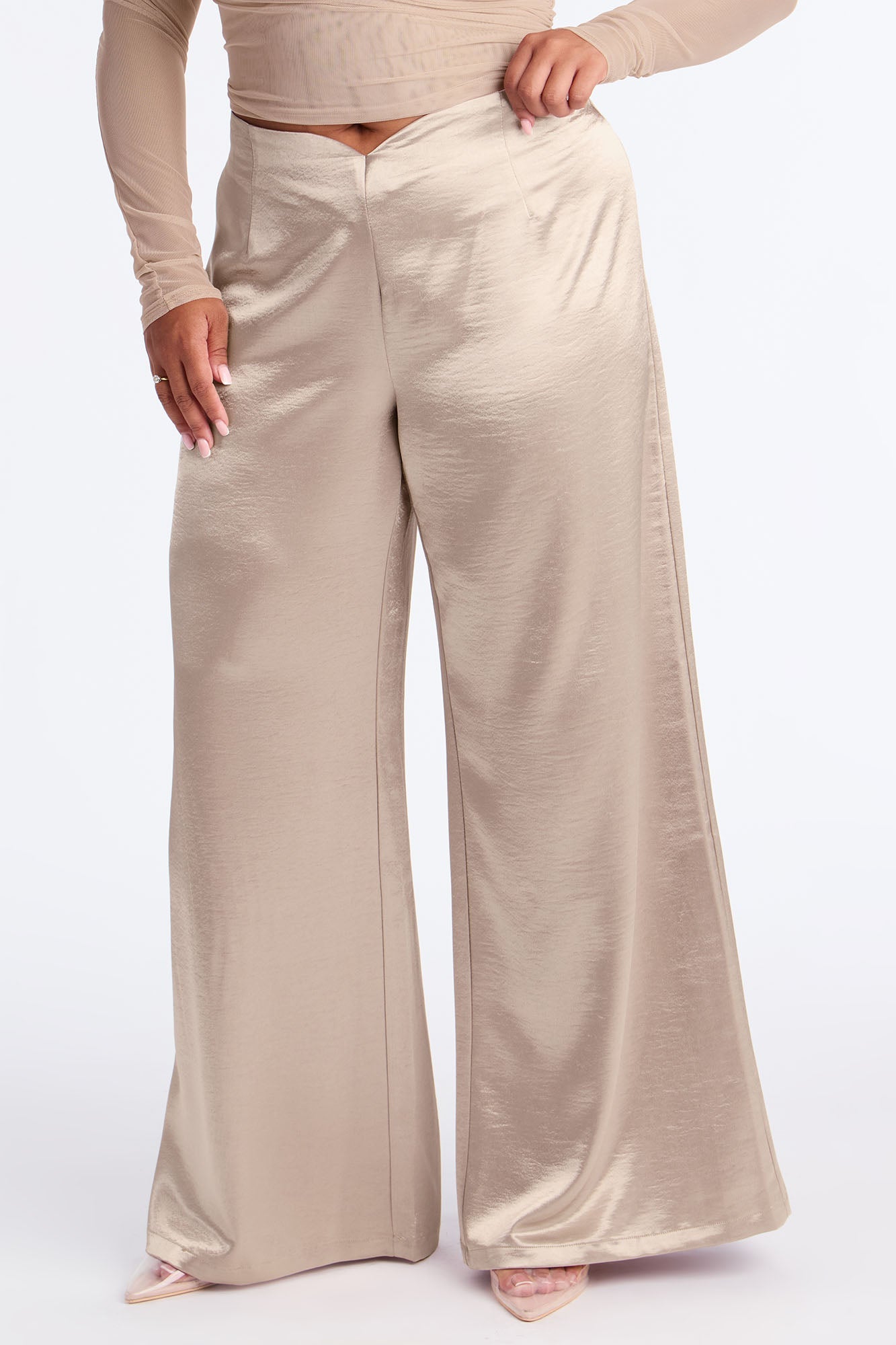 Sweet Serenade Satin Wide Leg V Front Pant 33 - Silver