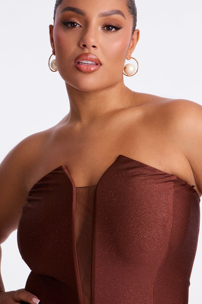 Glittering Drama Deep V Neck Gown - Chocolate