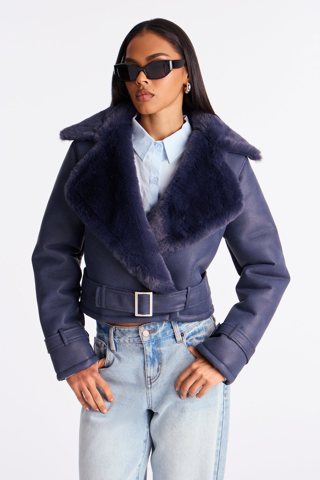 Jamie Faux Leather Moto Jacket - Navy