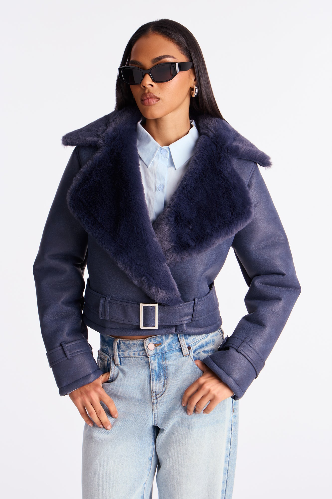 Jamie Faux Leather Moto Jacket - Navy