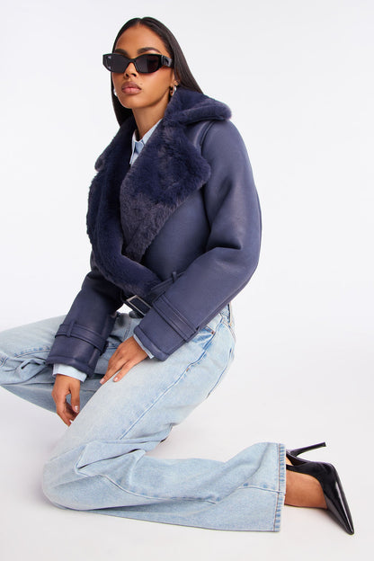 Jamie Faux Leather Moto Jacket - Navy