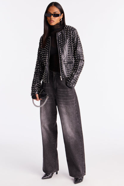 Run This Town Studded Faux Leather Jacket - Black