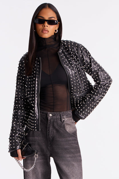Run This Town Studded Faux Leather Jacket - Black