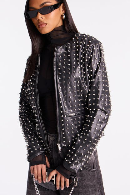 Run This Town Studded Faux Leather Jacket - Black