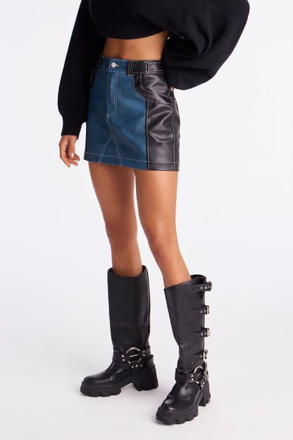 Mix It Up Denim Faux Leather Mini Skirt - Dark Wash