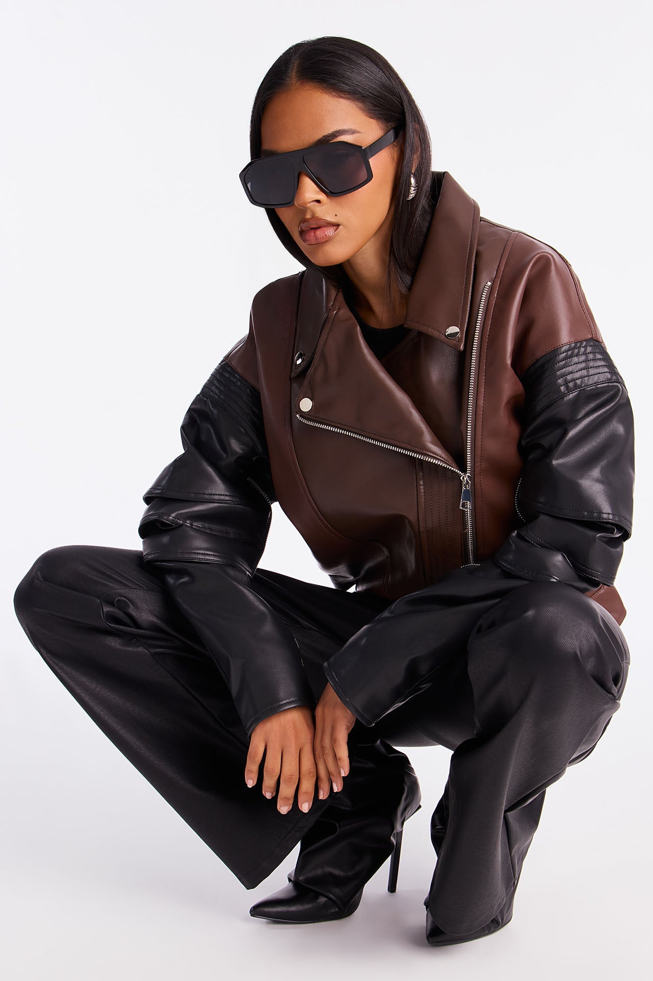 Bet On Me Oversized Faux Leather Moto Jacket - Brown/combo