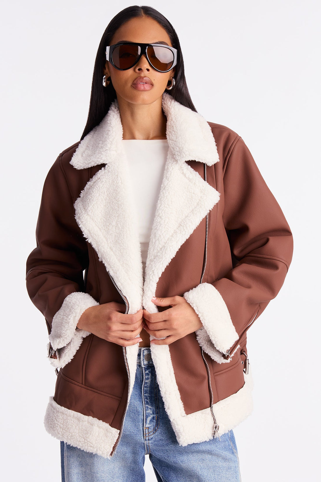 Simone Faux Leather Fur Lined Moto Jacket - Brown