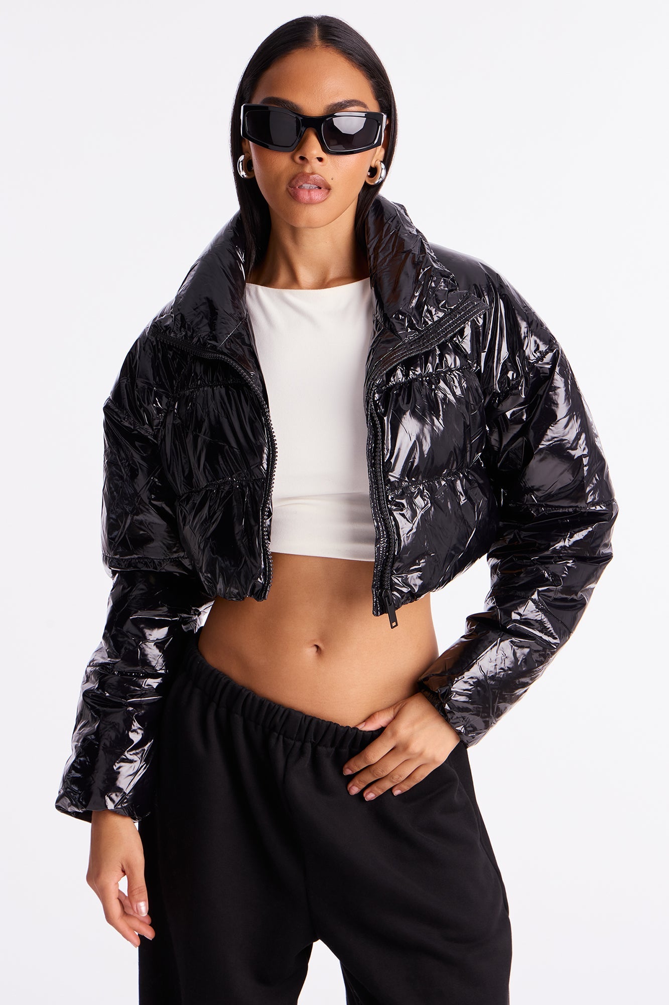 Zora Faux Patent Leather Cropped Puffer Jacket - Black
