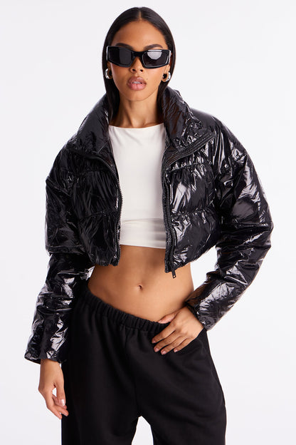 Zora Faux Patent Leather Cropped Puffer Jacket - Black