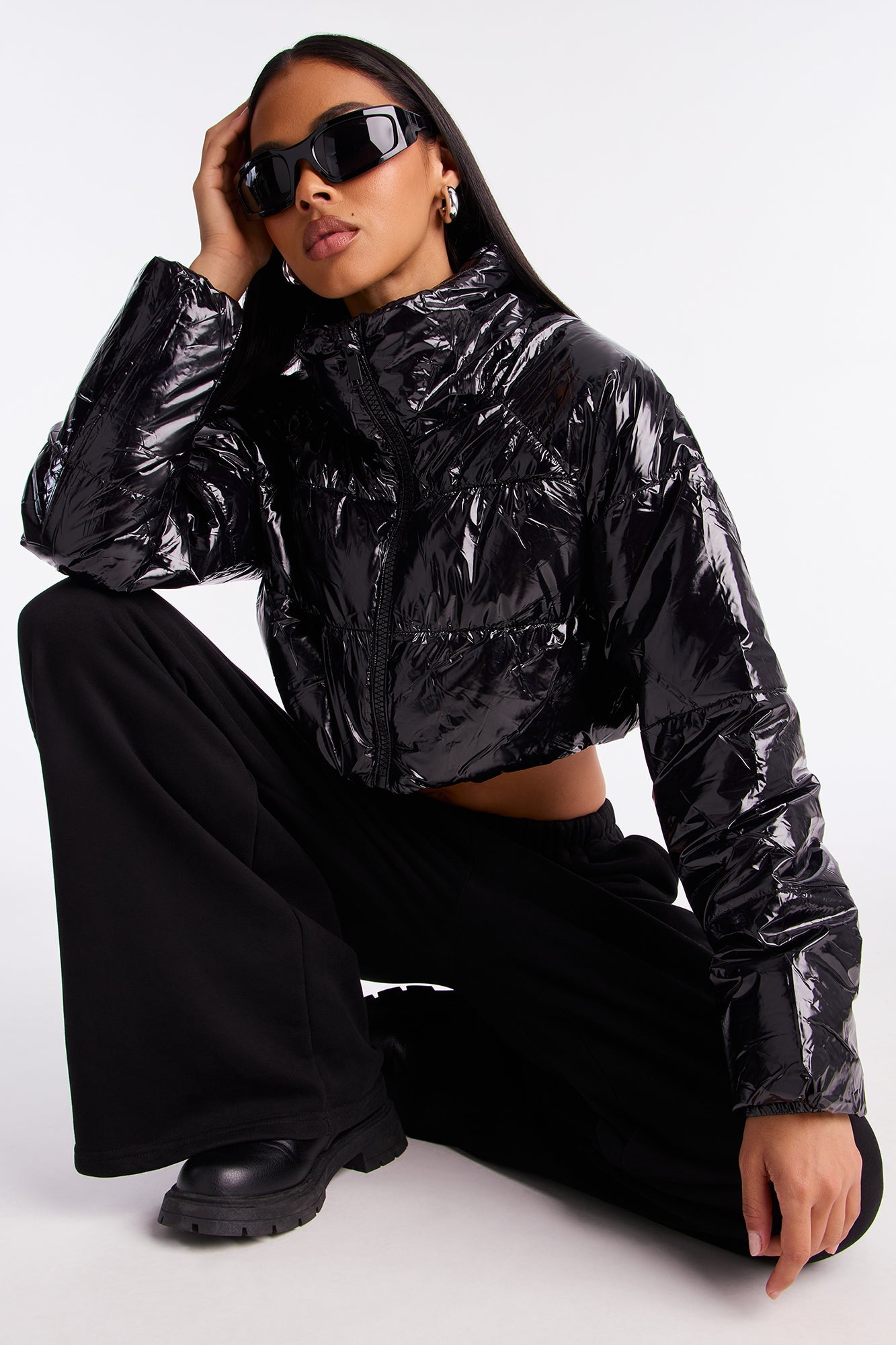 Zora Faux Patent Leather Cropped Puffer Jacket - Black