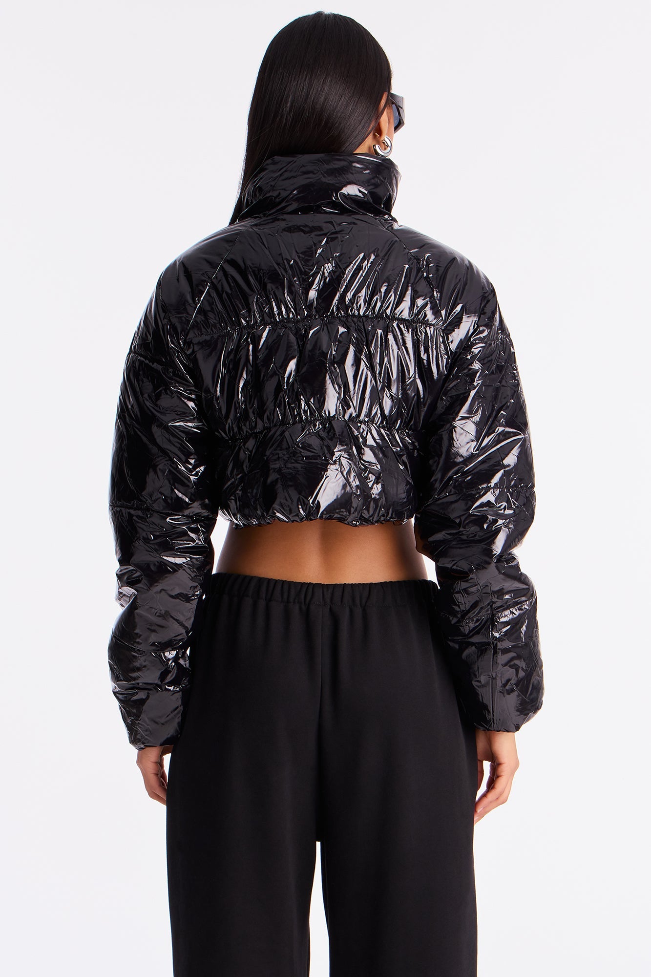 Zora Faux Patent Leather Cropped Puffer Jacket - Black