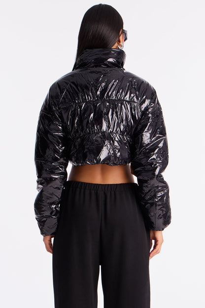 Zora Faux Patent Leather Cropped Puffer Jacket - Black