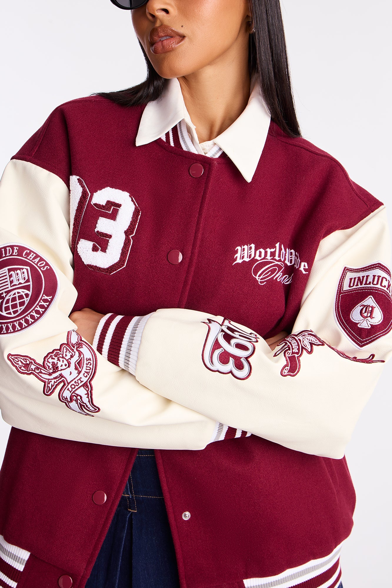 World Wide Chaos Varsity Jacket - Burgundy/combo