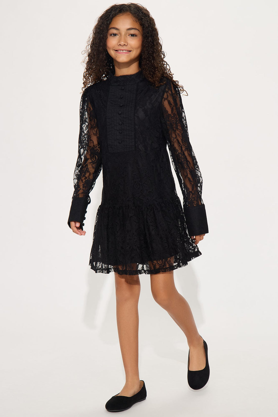 Mini Lovely Day Long Sleeve Lace Dress - Black