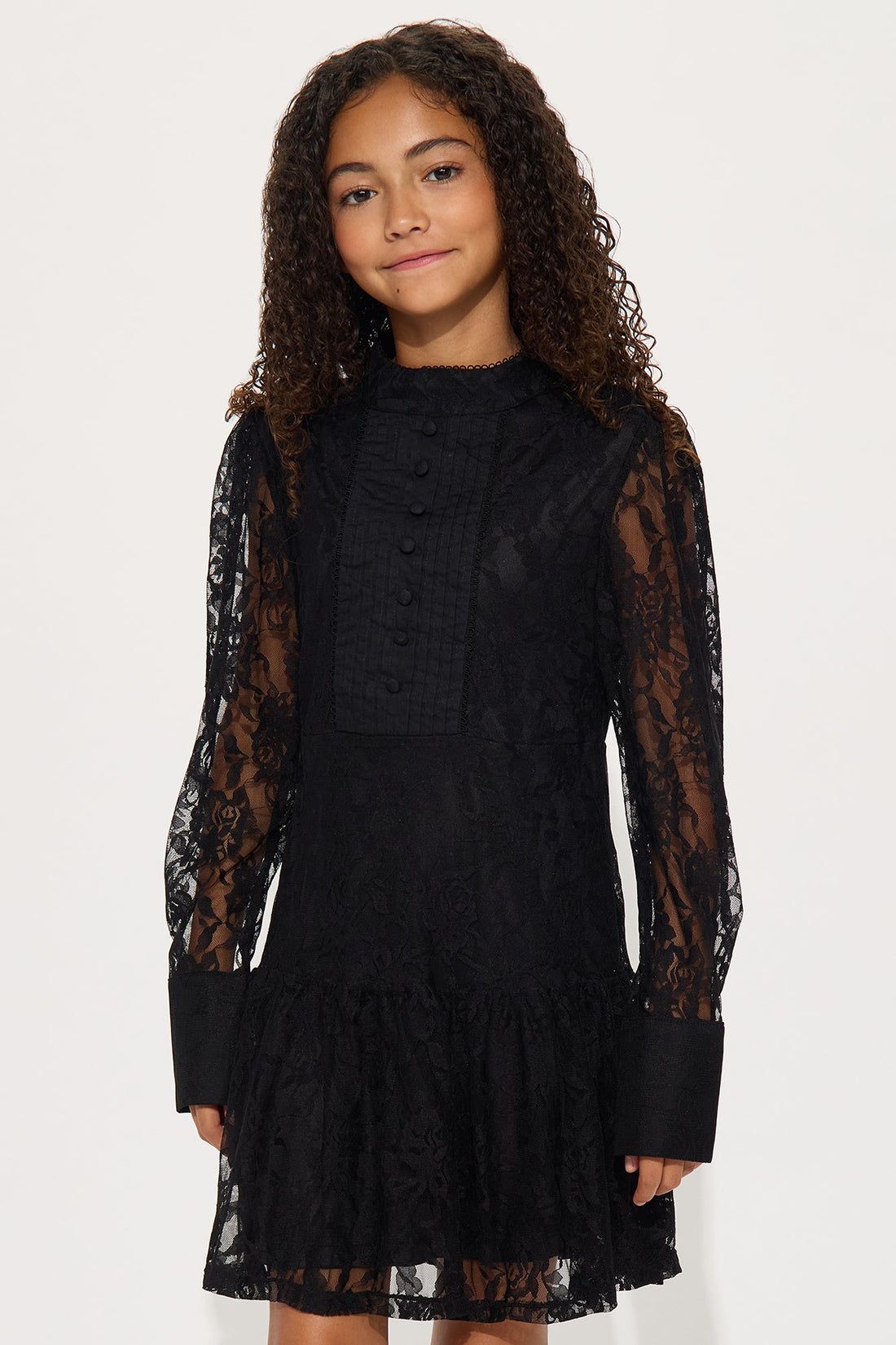 Mini Lovely Day Long Sleeve Lace Dress - Black