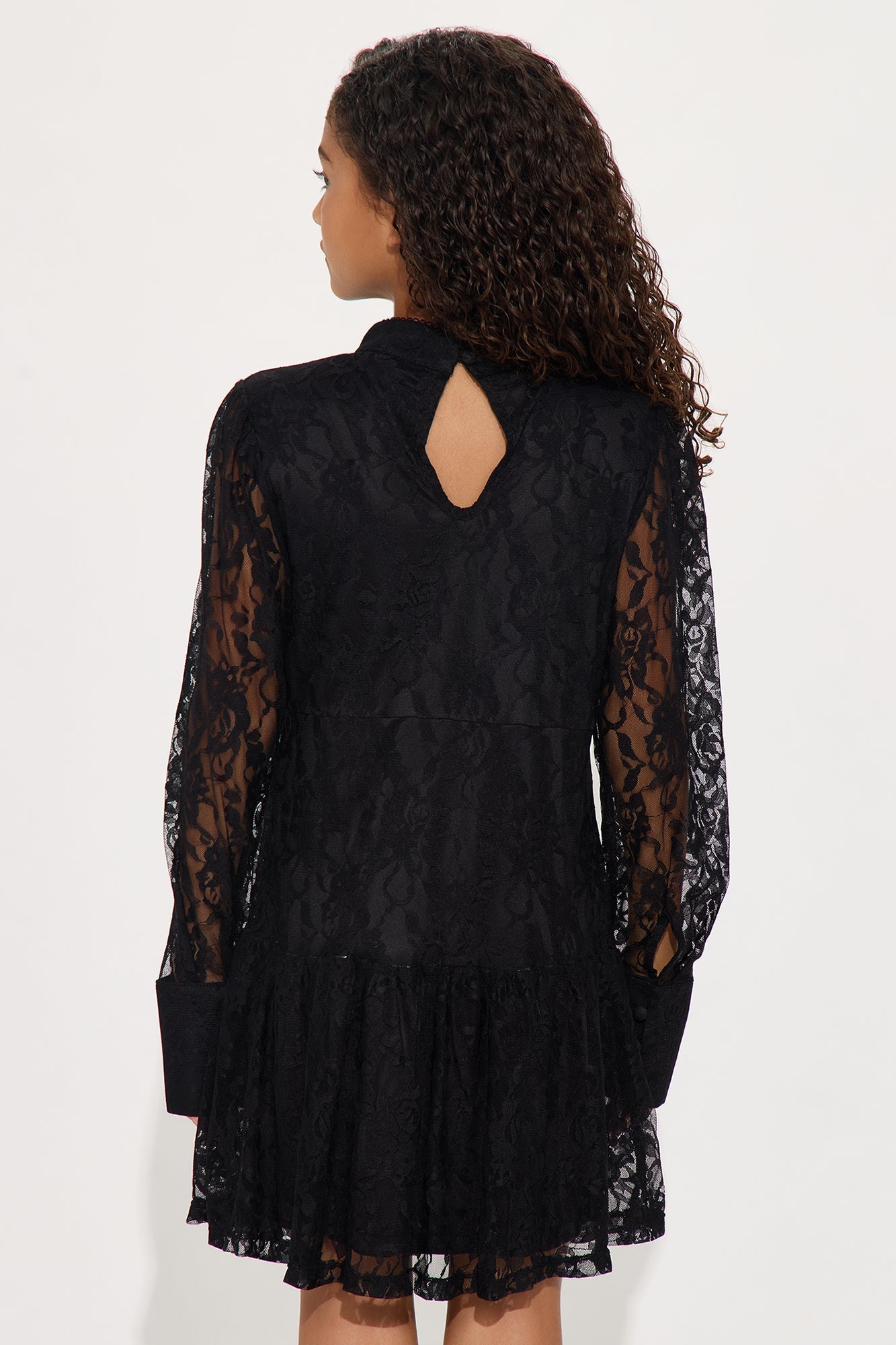 Mini Lovely Day Long Sleeve Lace Dress - Black