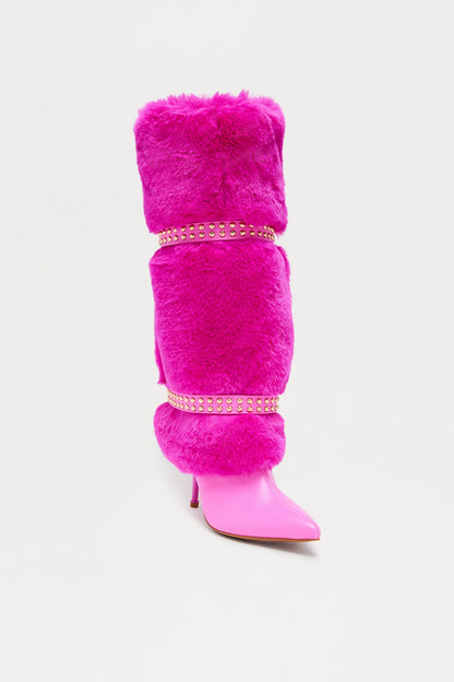 Bronx Studded Faux Fur Boots - Hot Pink