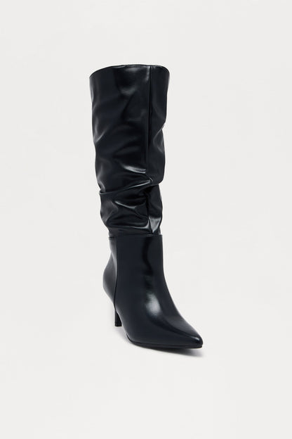 Alpine Ruched Faux Leather Boots - Black