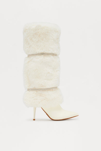Harlington Rhinestone Faux Fur Boots - White