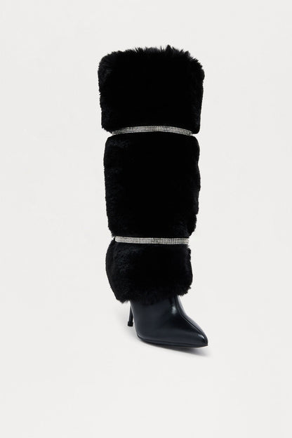 Harlington Rhinestone Faux Fur Boots - Black