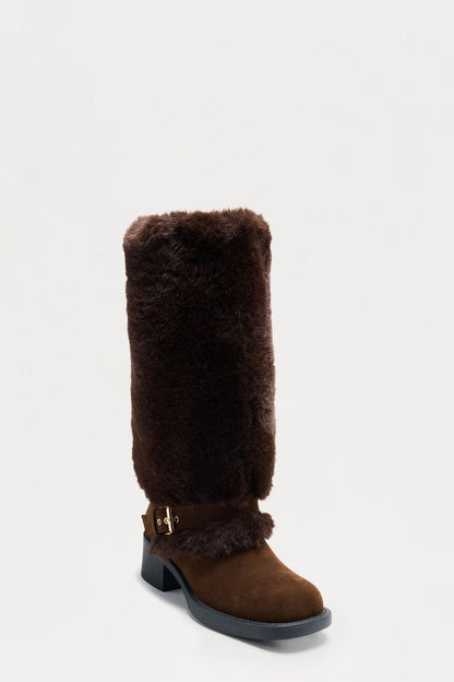 Indira Buckle Faux Fur Boots - Chocolate