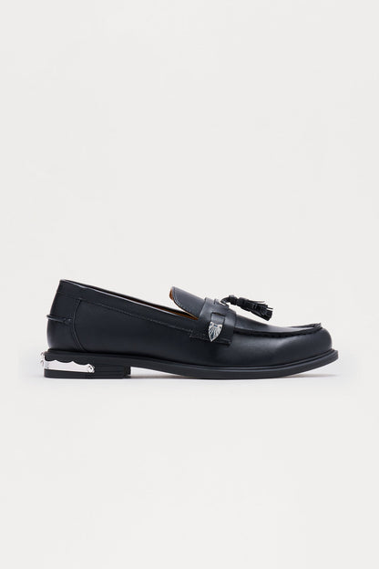 Metal Detail Tassel Faux Leather Loafer - Black