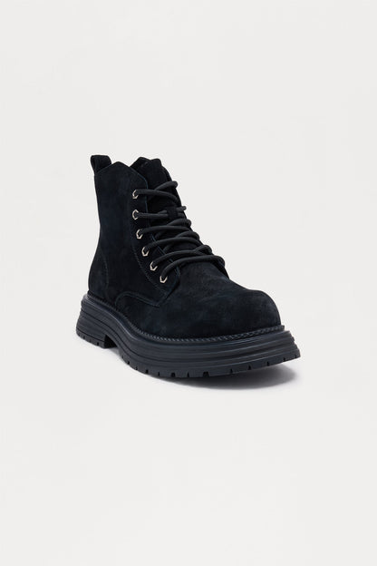 Genuine Suede Lace Up Chunky Boot - Black