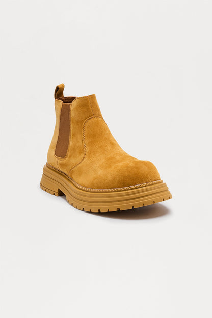 Genuine Suede Lace Less Chunky Boot - Tan
