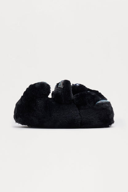 Lovey Rhinestone Bear Slippers - Black