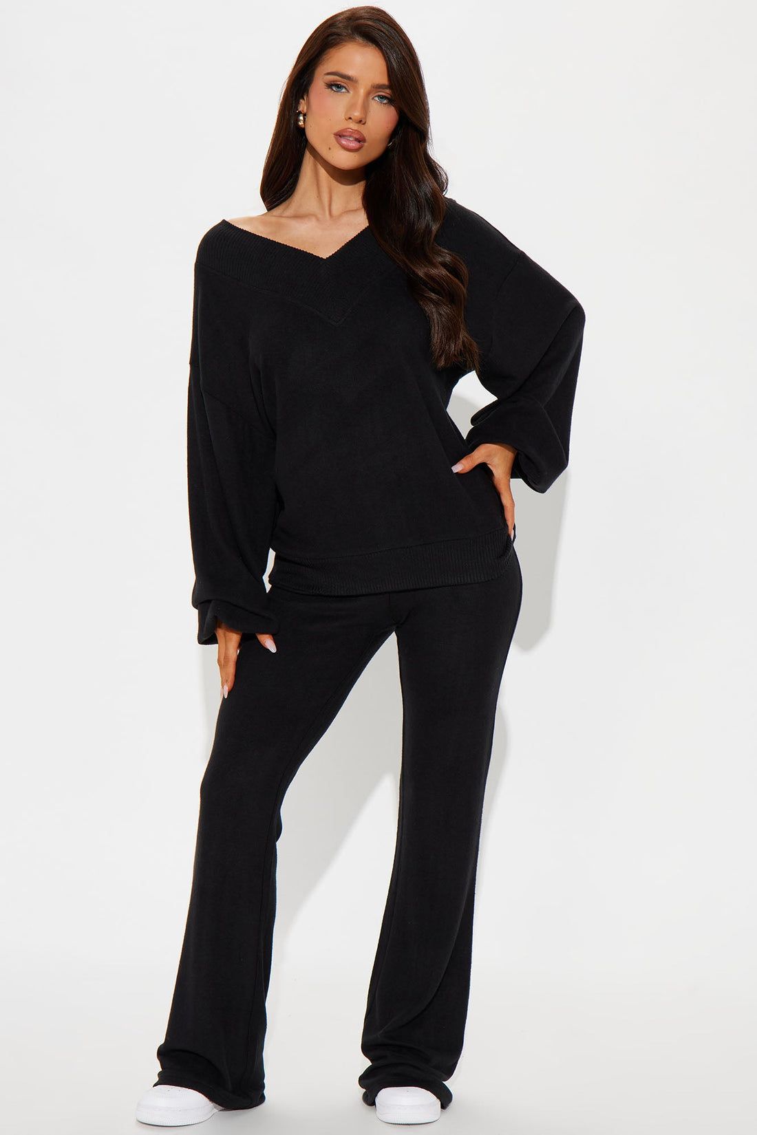 Simple Favor Hacci Flare Leg Pant Set - Black